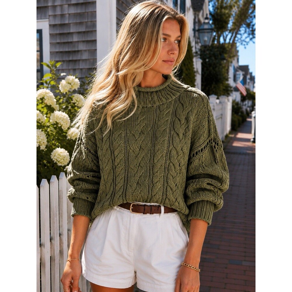 J Crew 2025 Rollneck Cable Knit Sweater Womens XXS Woodland Brush Green Cotton